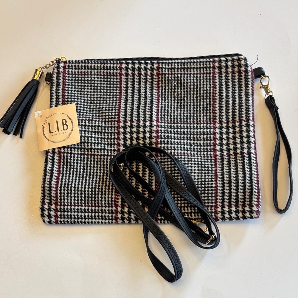 L.I.B. New York Black and White Houndstooth Clutch 11” X 9”